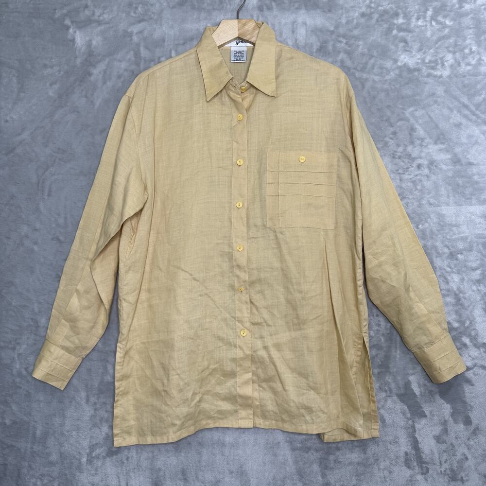 Ann Gerlin Shirt Womens L Yellow 100% Linen Button Up Tunic Langenlook Macau